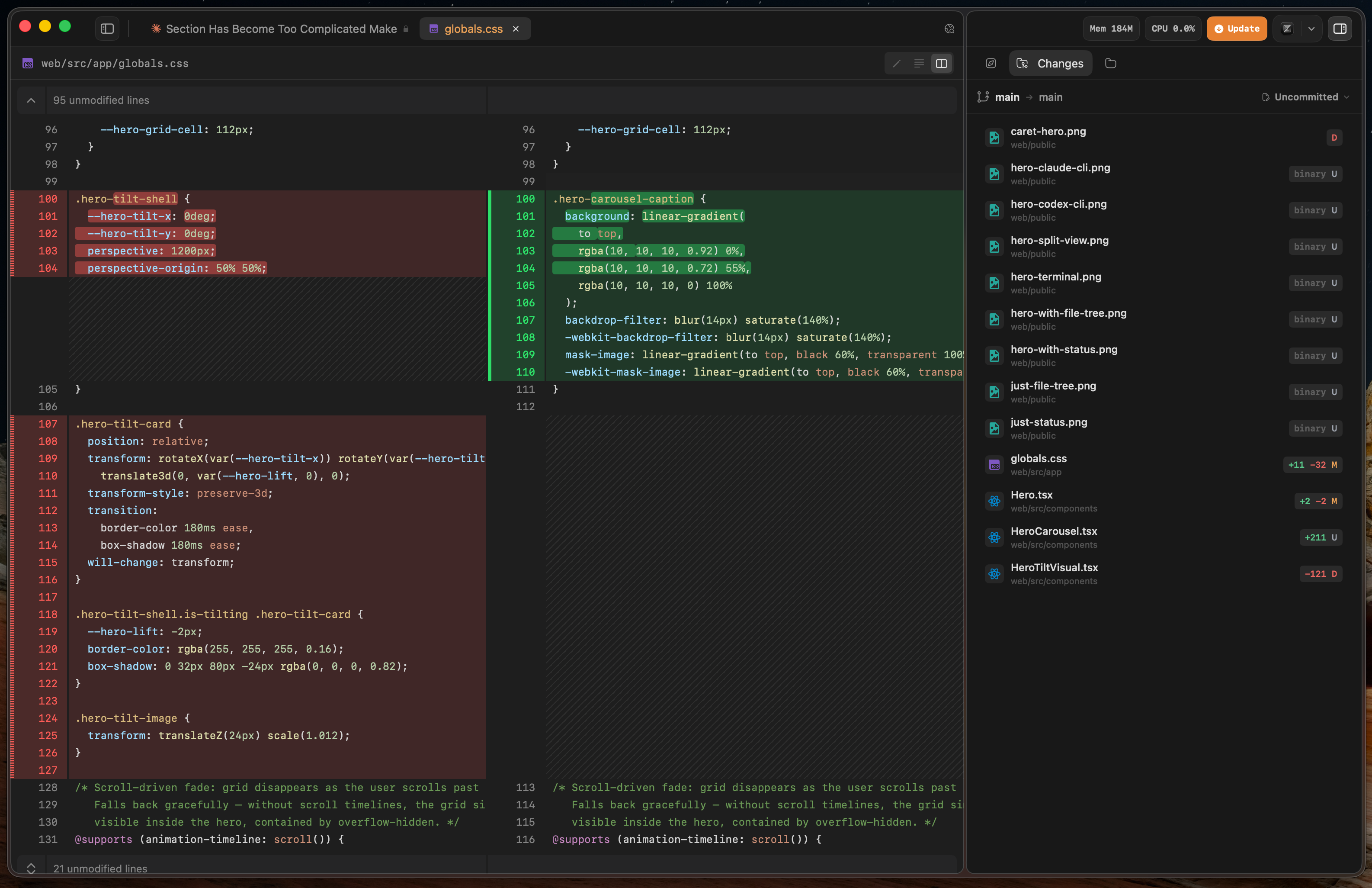 Caret's native diff view — before/after panes with file tree, hunk navigation, and one-click approve.