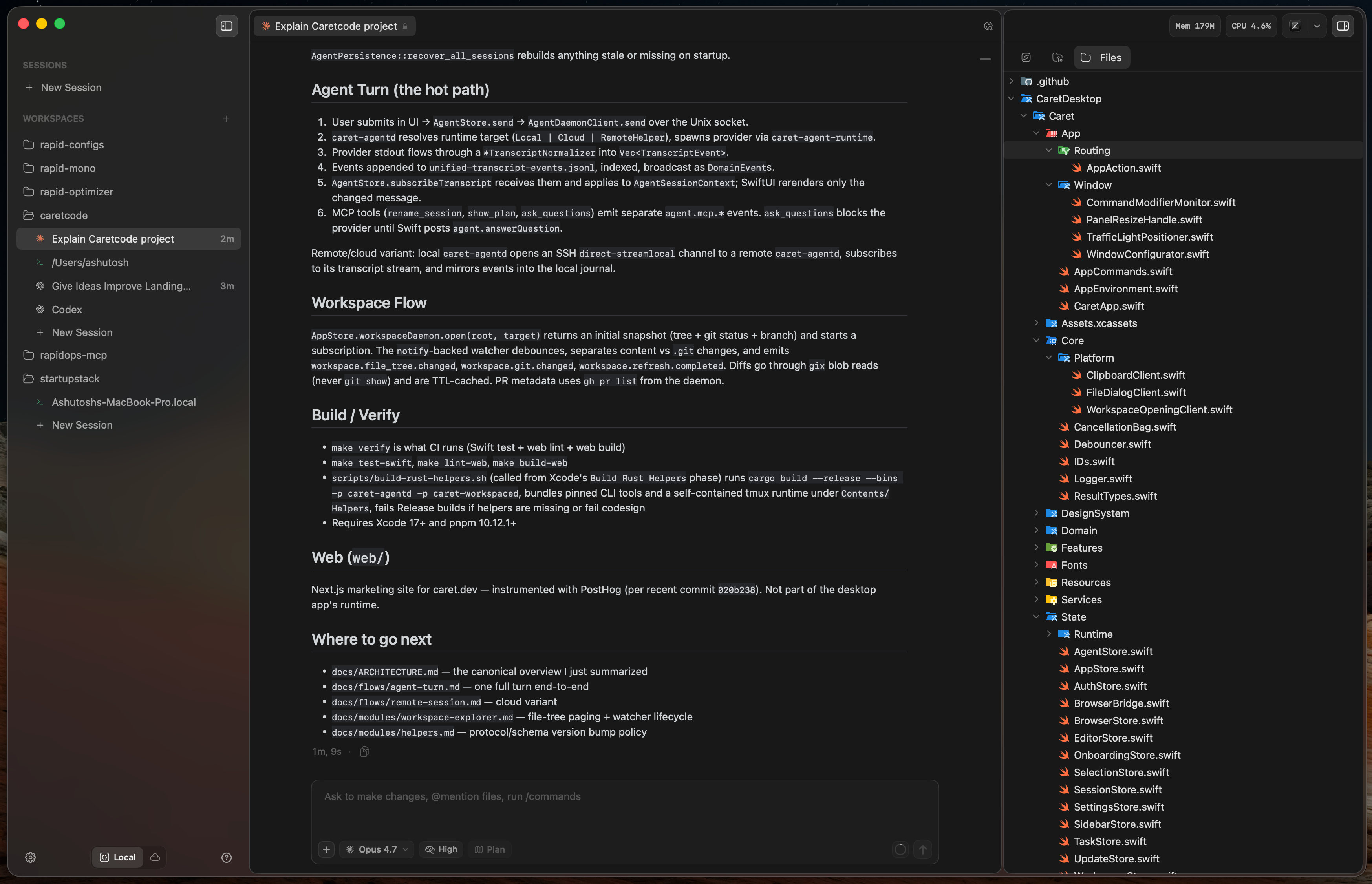 Caret with its native chat next to the workspace file tree